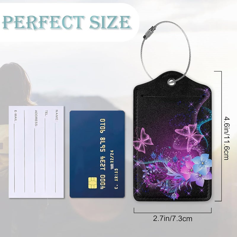 SKYDAWNY Luggage Tags for Suitcase,2 Pack Butterfly Luggage Tag Flowers Glowing Leather Privacy Cover ID Label with Stainless Steel Loop for Women Men Kids Girls Travel - Image 3
